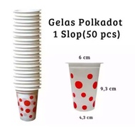 GELAS POLKADOT (50) TUTUL MERAH PLASTIK BOLA BOLA GELAS PUTIH MINUM AQUA AIR KECIL