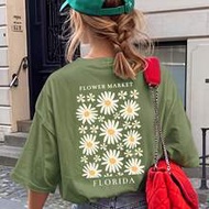 1pc Girls' Summer New Daisy Floral Print T-Shirt, Florida Botanical Theme Round Neck Short Sleeve, C
