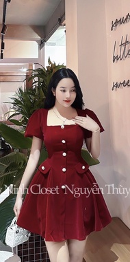 [Voucher 50k Freeship Max 0 đồng toàn quốc] Đầm đi tiệc cưới cổ vuông đính nút dáng ngắn màu đỏ nổi 