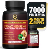 Authentic Korean Red Panax Ginseng 7000mg + Ginkgo Biloba + Ashwagandha for Energy, Strength, Focus,