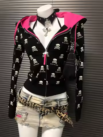 2000s Y2k Gothic Punk Skeleton Print Cardigan Contrast Hooded Sweatshirt Jacket Women Spring Autumn