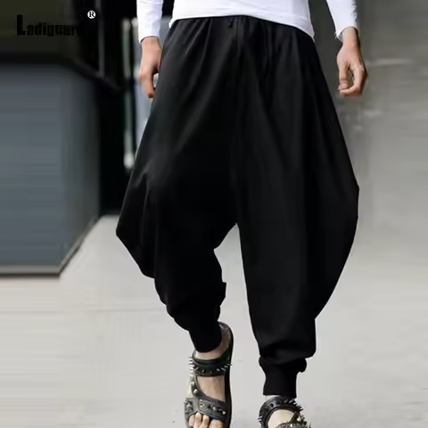 2024 Men Elastic Waist Stand Pocket Harem Pants Solid Black Ankle-Length Pants Large Big 5xl Mens Ca