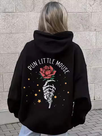 Run Little Mouse Rose Back Print Hoodie Women's Fleece Hoodie High Street Versatile Y2K New Autumn/W