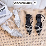 Women's Sandal Pointed Toe Thin Straps 5cm Stone Embellished Fashion 5p Square Heel Flattering Feet 