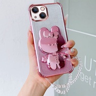 Luxury Shockproof Phone Case with Cute Rabbit Makeup Swivel Stand Crystal Lanyard For i Phone 13 For