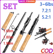 HAIYI FISHING Set Rod Reel Karbon Grip Cork 3-6lbs Spinning 2:1 Casting 7.2:1 Outdoor Joran Pancing