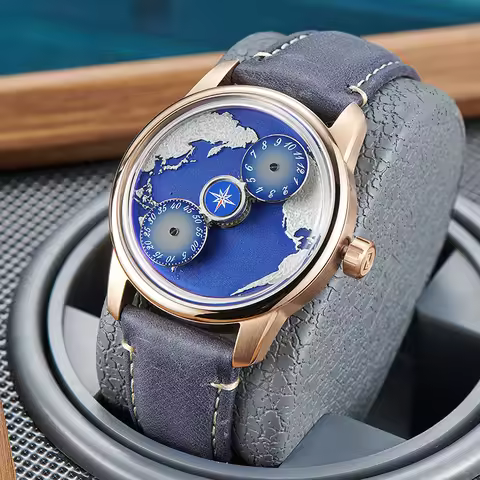 OBLVLO Fashion Men Three Wheels Automatic Watch Creative Earth Dial Blue Luminous Leather Strap Watc