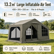 13.2㎡ Large Inflatable Camping Tent 6-8 Person Army Green Waterproof Outdoor Family Tent 2 Doors 4 W