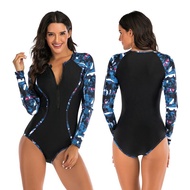 【พร้อม】 Green Leaf &amp; Polka Dot ผู้หญิงชุดว่ายน้ำแขนยาวท่อง Rash Guard One Piece Hollow Out Swimswear ซิป Rashguard Jumpsuit