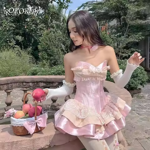 RORORIRI Lolita Women Corset Dress Coquette Pink Lace Trim Satin Boned Corset Layered Ruffle Mini Dr