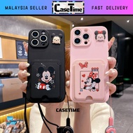 Oppo A3 A5 Pro A98 4G 5G fon sarung kad tali mickey minnie strap lanyard card slot matte soft tpu ca