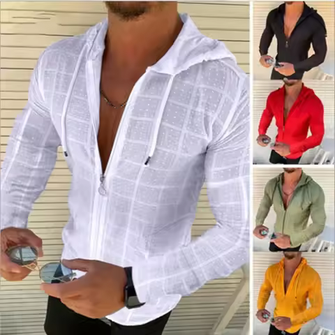 Fashion New Mens Zip Up Hooded White Plaid Tshirts Hip Hop Long Sleeve Cardigan T Shirt For Men Oodi