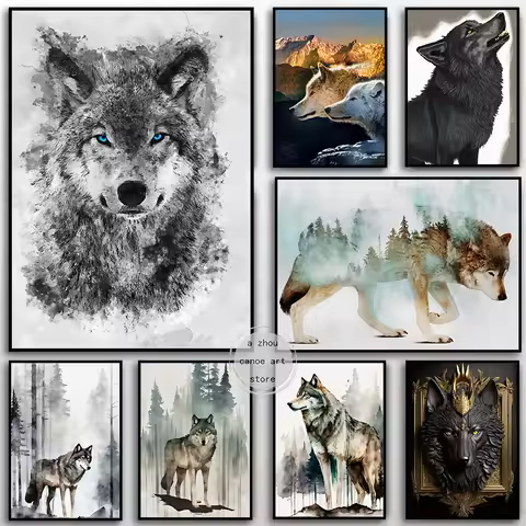 Animal Wolf Blue Eyes Mountain Wolf Steppenwolf Forest Landscape Art Poster Canvas Painting Wall Pri