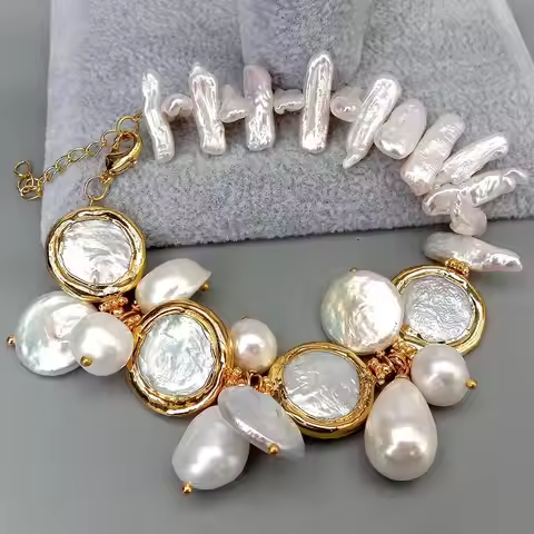 YYGEM Natural Freshwater White Biwa Pearl Coin Keshi Pearl Sea Shell Pearl Bracelet 8"