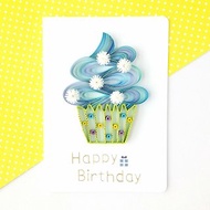 手作捲紙卡片-Happy Birthday 夢幻繽紛杯子蛋糕生日卡 藍綠色