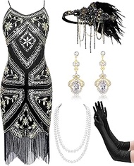 1920 Sling Flapper Dress for Women with 20s Accessories Set 1920s Outfits for Women Black and Gold L