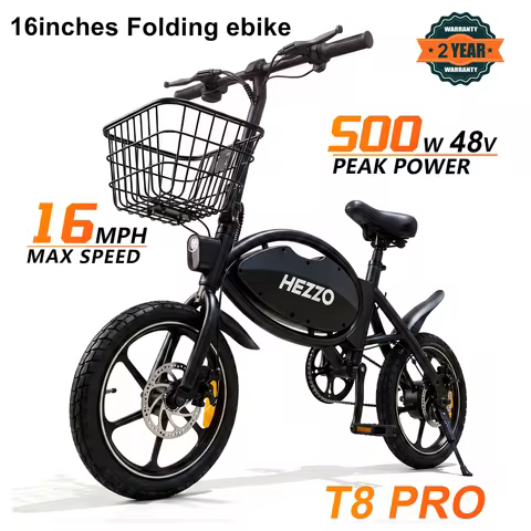 HEZZO T8PRO Foldable Electric Bike for Adults 48V 500W Peak 750W Brushless Motor 16Inch Carbon Steel