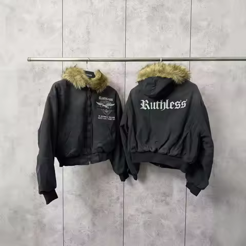 Grailz detachable fur collar gradient washed vintage letter print retro jacket coat for men and wome