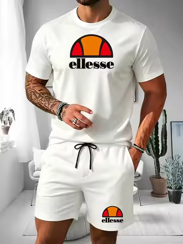 Ellesse Men's Summer Casual Sports Set Short Sleeve T-Shirt + Shorts Two-Piece Trendy Print Breathab