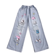 JIA M ฉีกขาดกว้าง ยีนส์สำหรับสาววัยรุ่น ตรง แมวคิตตี้ ยีนส์การ์ตูน KT สำหรับเด็ก กางเกงคาวบอย Y2K In