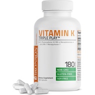 Vitamin K Triple Complex (MK7 K2, MK4 K2, K1) Full-Spectrum Supplement, 180 Capsules