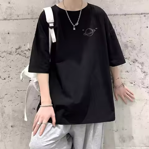 Minimalist Planet Printed Men's Casual Top M-8XL Large Size T-shirt Trendy Versatile Short Sleeve
