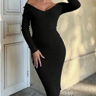 Women's Simple Elegant Off Shoulder Slim Fit V Neck Long Sleeve Ribbed Knit Bodycon Sweater Pencil D
