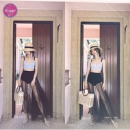 Cream polka dot bikini with 3-piece skirt