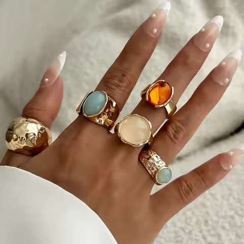 New Tide Personality Mix-and-Match Fold and Wear Gemstonel Rings Set 5 Pieces Ring Female Retro Meta