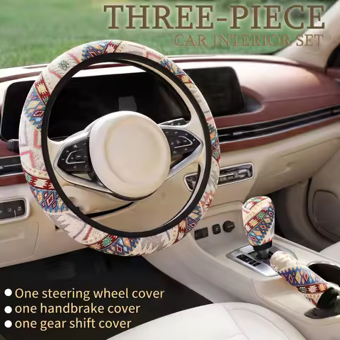 3PCS Boho Car Interior Set (Includes 1 Steering Wheel Cover, 1 Gear Shift Cover, and 1 Handbrake Cov