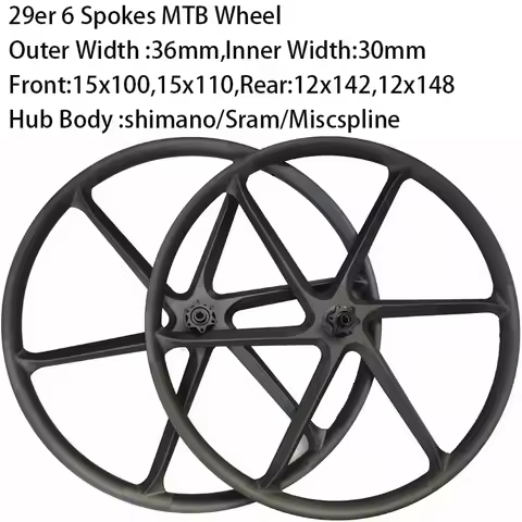Width 36mm 29er Carbon 6 Spoke Disc Brake MTB wheels XC AM E-Bike MTB Wheelset Tubeless 700C 29inch 