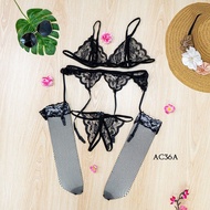 Mesh Stockings + Women's Underwear + Garter Belt Lace Black Ac36A