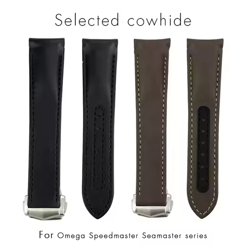 19mm 20mm 21mm Curved Genuine Leather Watchband Fit for Omega Seamaster Planet Ocean 300/600 DE VILL