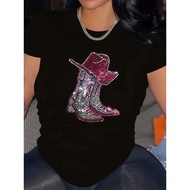 [Shiny Cowboy Print T-Shirt] Shiny Diamond Cowboy Print Short-Sleeve T-Shirt | Fashionable and