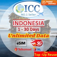 ICC eSIM Indonesia 1-30 Days Unlimited Data| Can top up and reuse| Telkomsel/XL/Indosat Network| Jak