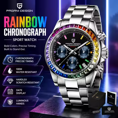 PAGANI DESIGN Men's Rainbow Chronograph Watch Stainless Steel Sport Quartz Watch Waterproof Luminous