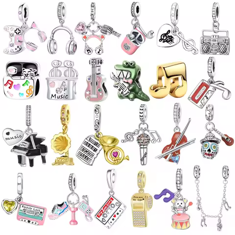 925 Sterling Silver Music Charms Beads Musical note Piano Guitar Headset Earrings Pendants fit Brace