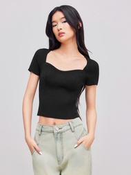 Cider Knitted Square Neck Solid Crop Short Sleeve Top
