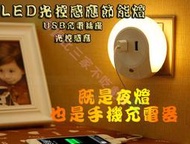 @貨比三家不吃虧@ LED光控感應節能燈 USB 充電 插座 小夜燈 臥室床頭燈帶開關 雙USB床頭充電器 感應燈