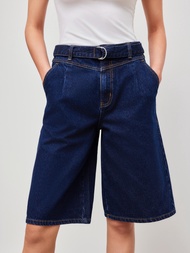 Cider Denim Mid Rise Solid Baggy Jorts With Belt