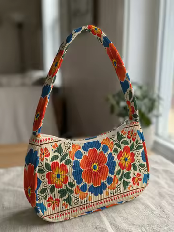 Trendy Mexican Folk Floral Print Shoulder Bag, Corduroy Underarm Bag for Daily Casual Use