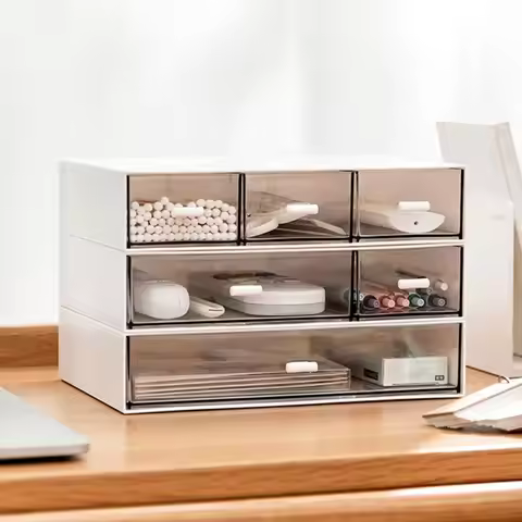 3-Tier Stackable Storage Drawers with 6 Compartments - White Compact Desk Organizer for Makeup, Offi
