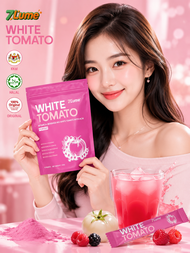 7Lume White Tomato Drink Powder Original Halal KKM Certified Pink Packaging with Glass of Drink and