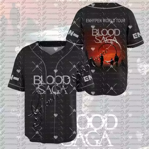 ENHYPEN Blood Saga World Tour Black Baseball Jersey Kpop Streetwear Short Sleeve Button up Shirt for
