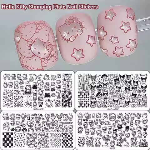 1sheets Cartoon Hello Kitty Stamping Plate Nail Stickers Cute Kitty Kuromi Anime Designs Nail Steel 