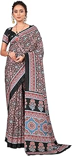 Women's Ajrak Block Print Dola Silk Saree With Unstitched Blouse Piece