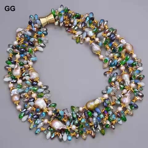 GuaiGuai Jewelry 18"-24" 4 Strands 25mm Natural Purple Keshi Pearl Colorful Crystal Necklace For Wom