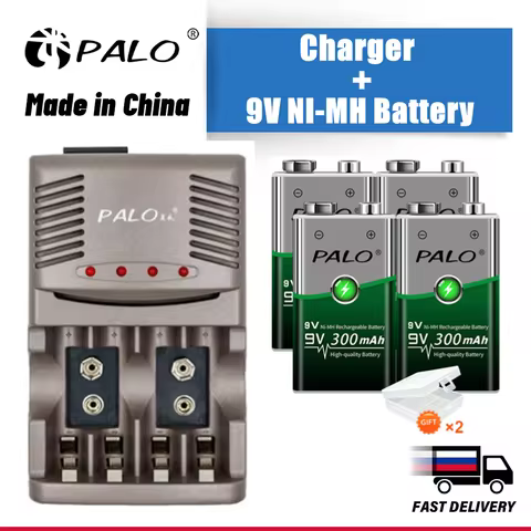 PALO Ni-CD Ni-MH 9V Rechargeable Battery 6F22 + Smart Batteri Charger NIMH 300mah 9 Volts Crown for