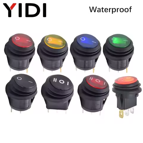 Waterproof Round Rocker Switch 2 3 Pin Position 12V 220V Red Green Blue Yellow LED Light 6A 250VAC O