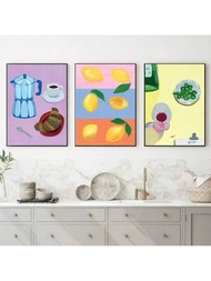 3入組水果檸檬水彩畫魚咖啡早餐藝術印刷廚房牆壁裝飾畫廊餐廳帆布海報,不含相框